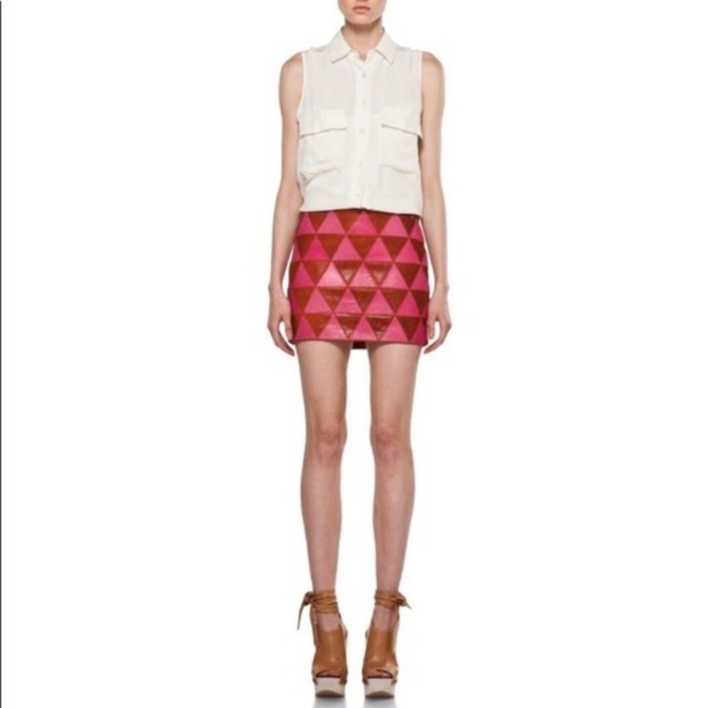 Kelly wearstler Pink Brown Geometric Leather Triangle Patchwork Mini Skirt